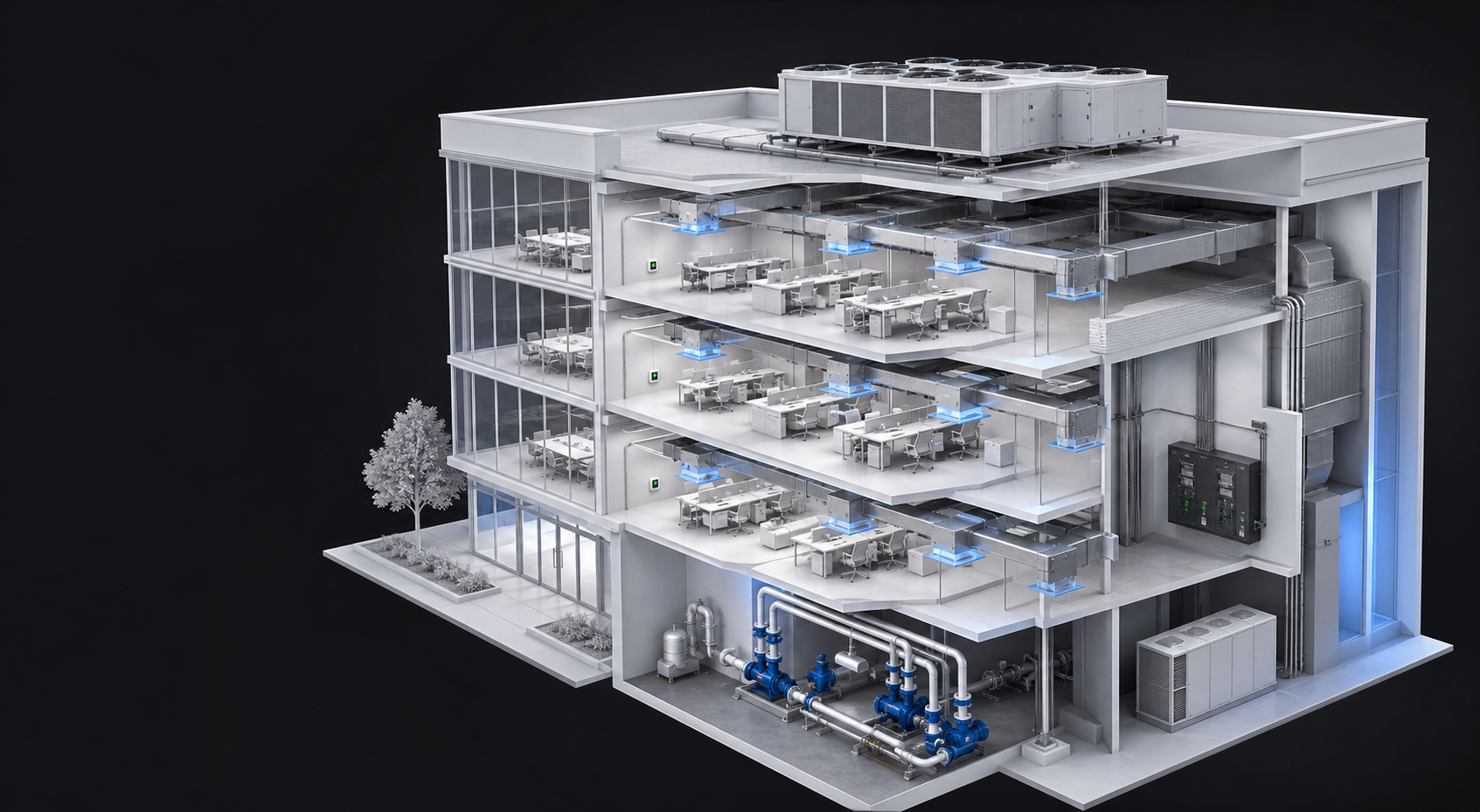 Cutaway commercial building showing rooftop HVAC equipment, VAV boxes, controls, ductwork, and mechanical piping